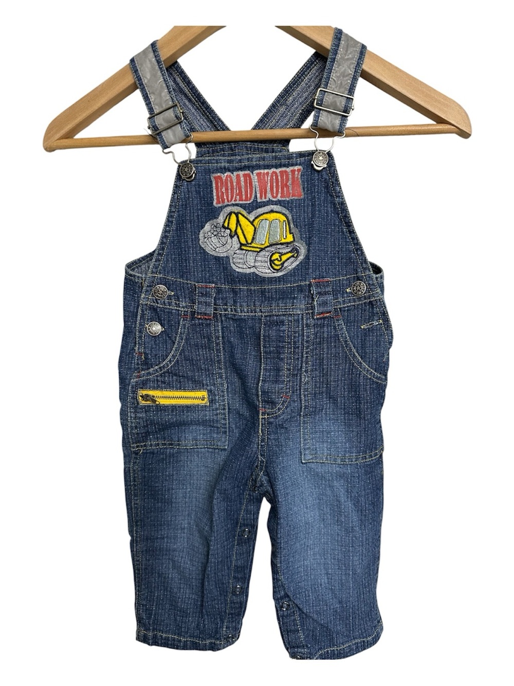 Road Work Denim Overalls for Kids with Yellow Excavator Patch-Size 18M